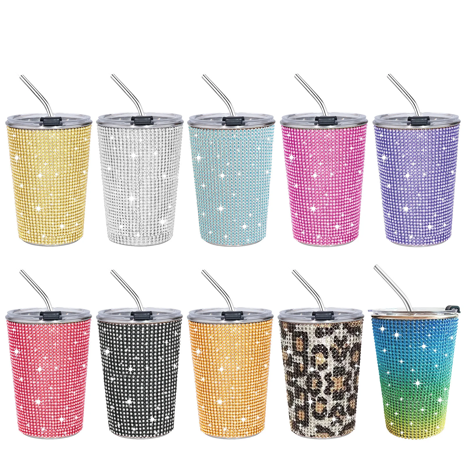 

Bling Diamond Coffee Cup Mug Sparkling Rhinestone Tumbler with Straw Stainless Steel Water Bottle Car Auto Cups 500ml