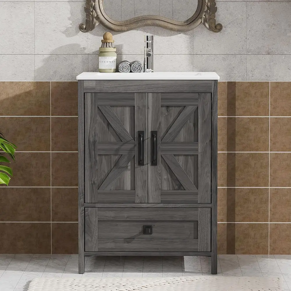 

24 Grey Wood Vanity with Ceramic Sink & Hidden Storage
