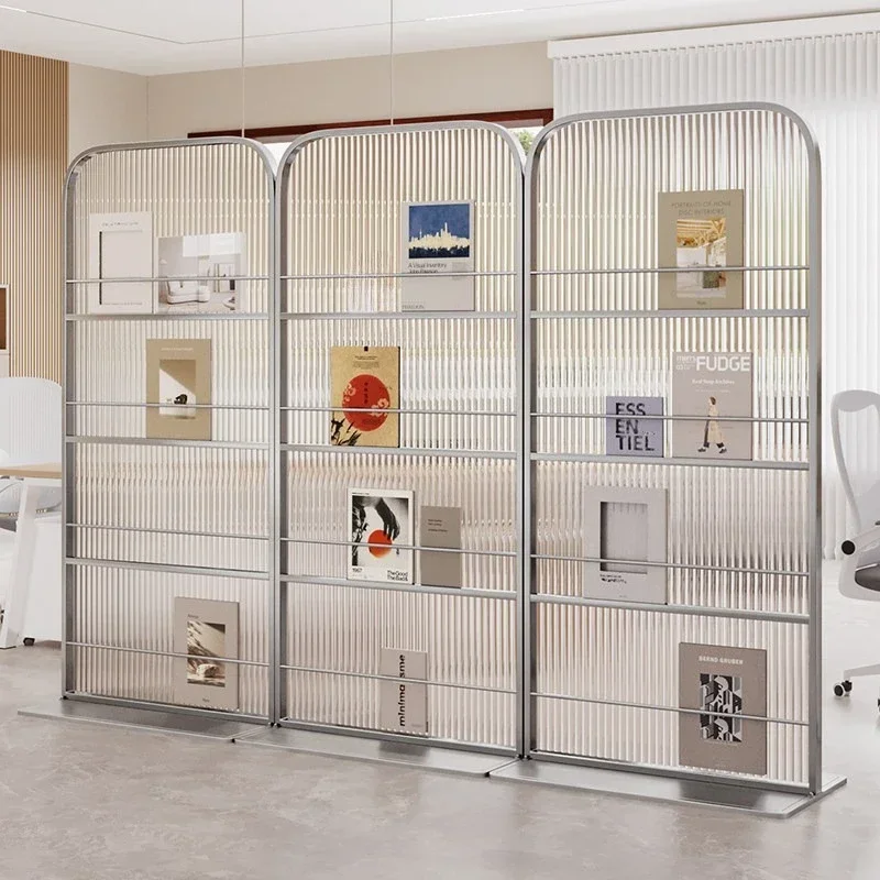 Office Bookshelf Partition Modern Simple Wrought Iron Glass Screen Movable Decorative Screen Partition Living Room Occlusion