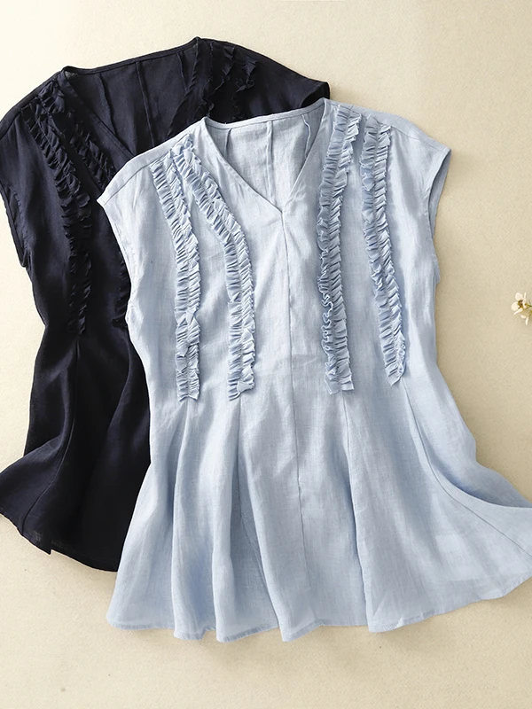 

Korean Japanese Cotton Linen Sleeveless V-neck Earlet Women's Large Size Belted Vest Elegant Small Shirt Summer Wear