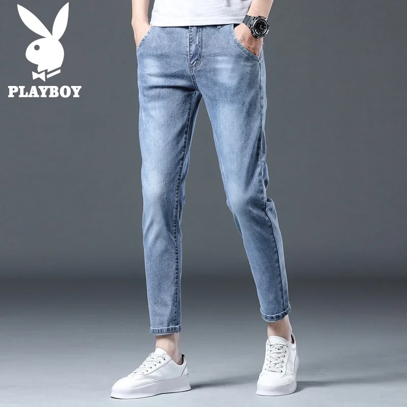 

Men's Slim Fit Jeans mid Waist ket Water Waed Light Blue Trendy Summer New Sle Elastic Nine-Piece Long Pants