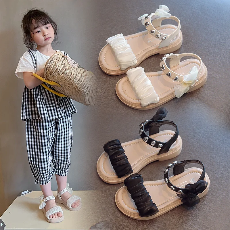 Kids Sandal Little Girl Princess Shoes for Summer Children Sandals Bowknot Comfortable Soft-soled Beach Shoes Black White