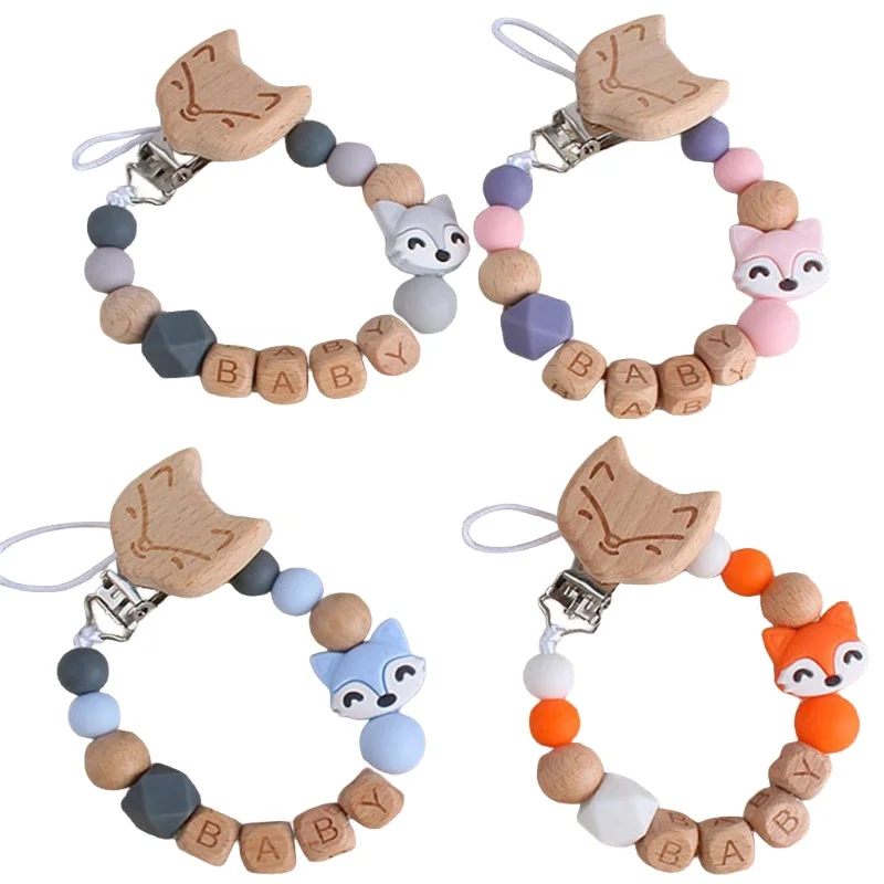 Tier Baby Anti-drop Kette Holz Schnuller Clips Fuchs Silikon Perlen Infant Nippel Beschwichtigen Schnuller Kette Dummy Halter