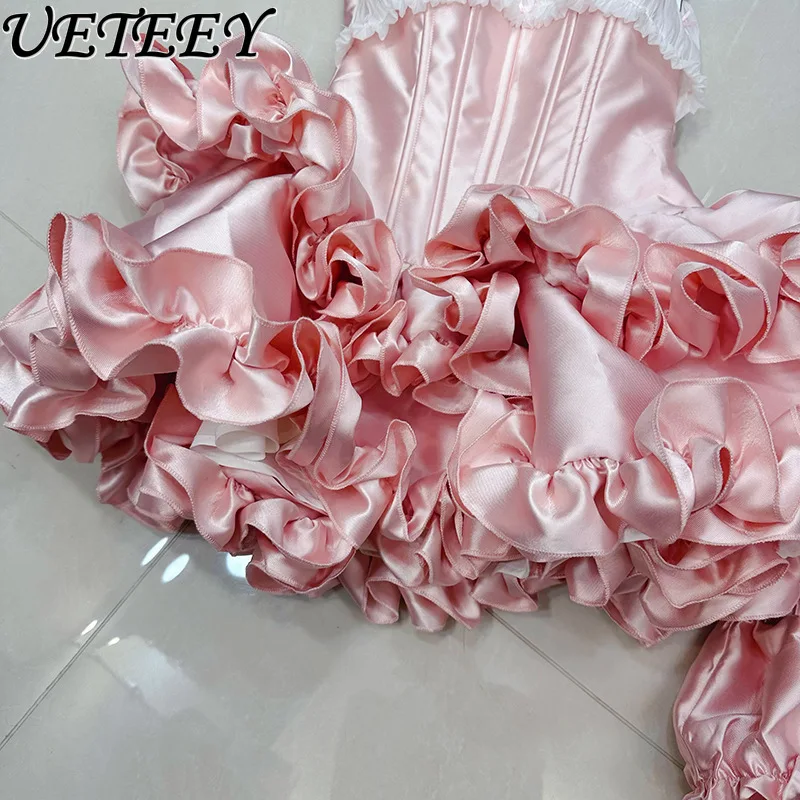 Europeu e americano design francês bowknot ruched retalhos espinha de peixe sem alças mini vestido babados bainha vestidos curtos e shorts