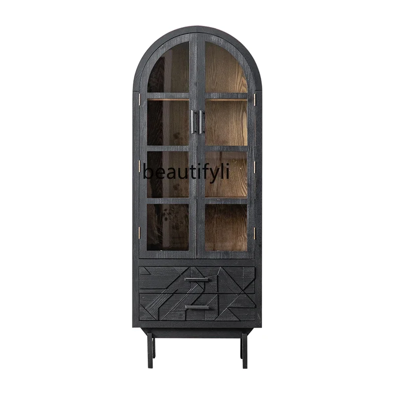 French retro with glass door against the wall solid wood bookcase medieval creative floor bookshelf display cabinet