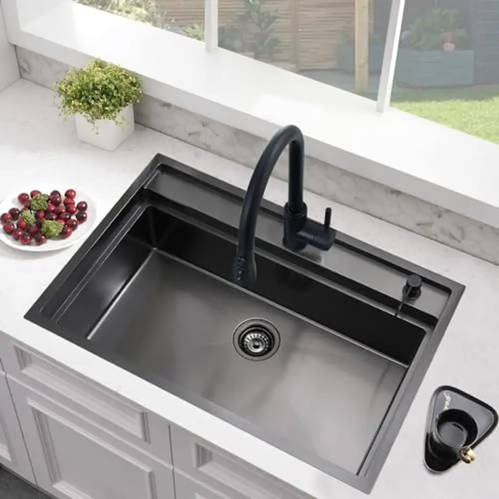 33 Inch Black Stainless Steel Drop In Kitchen Sink Splash Guard Workstation 16 Gauge Nano PVD Technology R10 Design X-Shaped