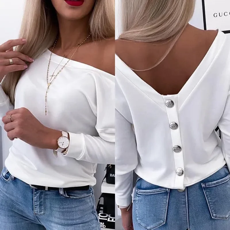 

Long Sleeve Backless Button Top Women T Shirt V Neck Batwing Sleeve Splice Tops Backless Shirts Casual Spring 2024 T-Shirts