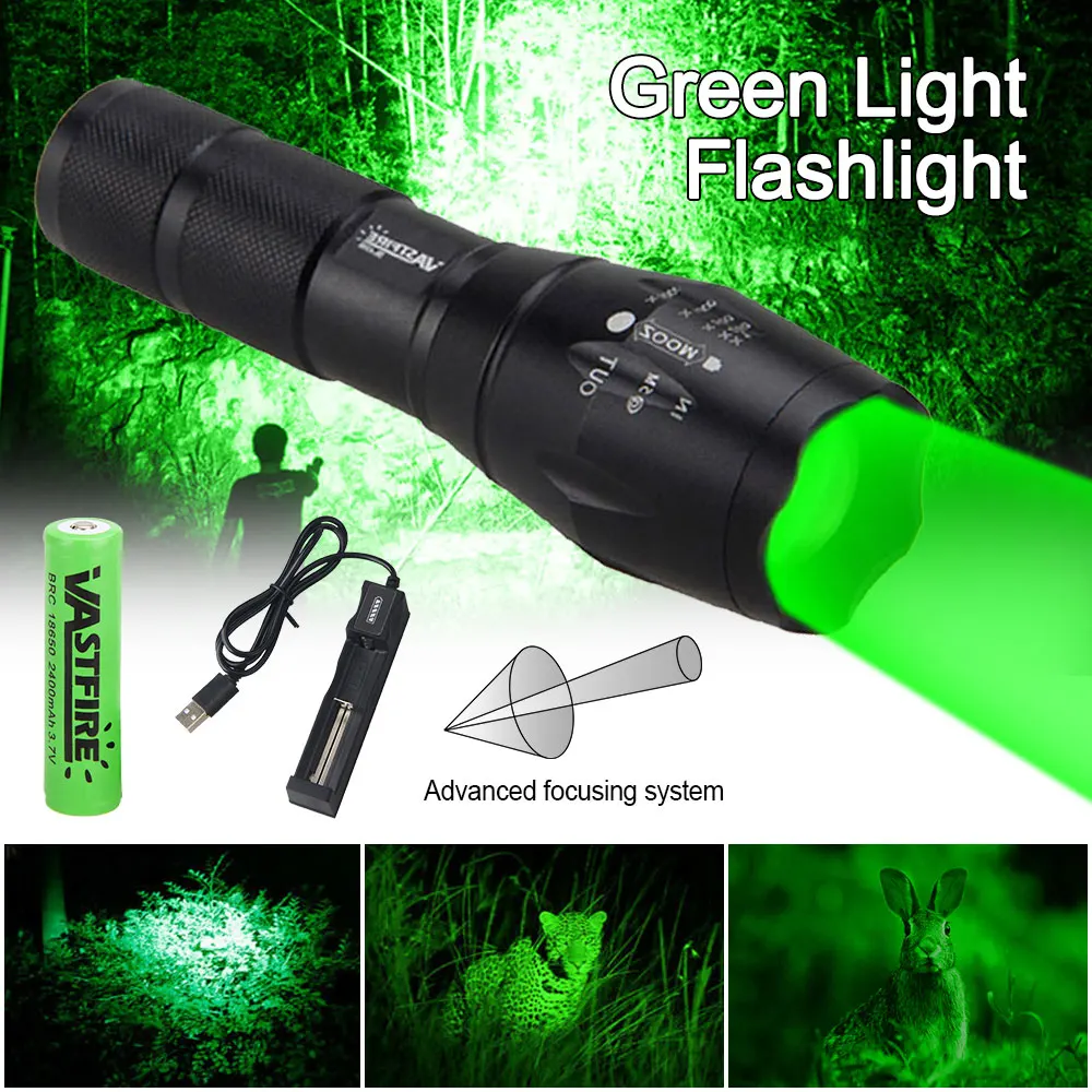 Tactical Green Light Hunting Flashlight Zoomable Torch Powerful Hand Light Powe by 18650 Battery with Scope Mount