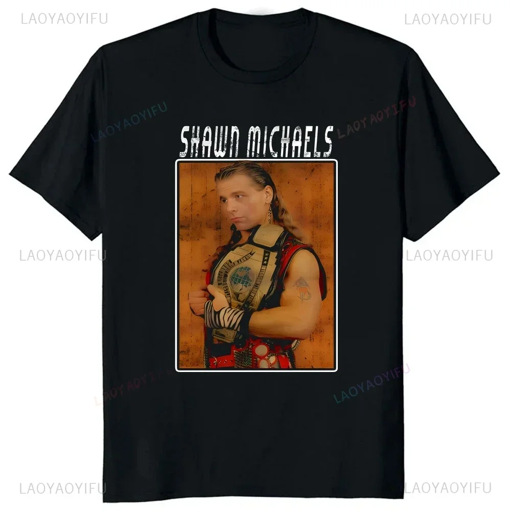 خمر شون مايكلز المصارع تي شيرت طباعة الرجال والنساء قصيرة الأكمام المتضخم طاقم الرقبة موضة الشارع نمط تي شيرت