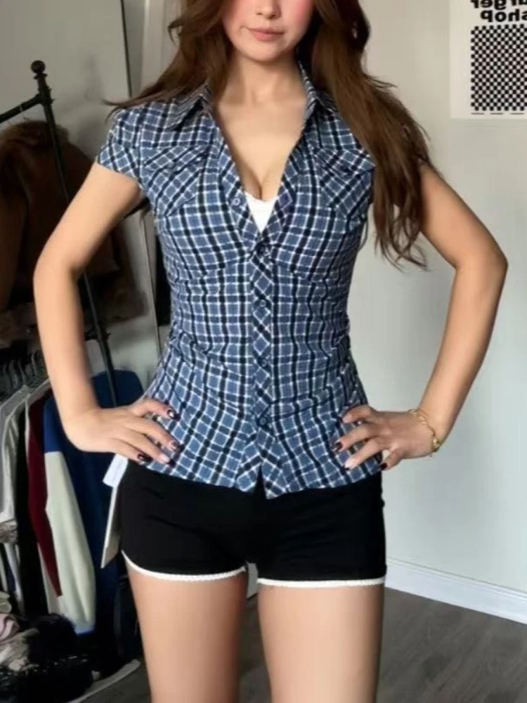 

Японские рубашки в клетку Y2K для женщин, с коротким рукавом, приталенные, повседневные, шикарные, в стиле стритвир, фейрикор, топы, винтажные блузки для E-girls, корейский стиль 2025