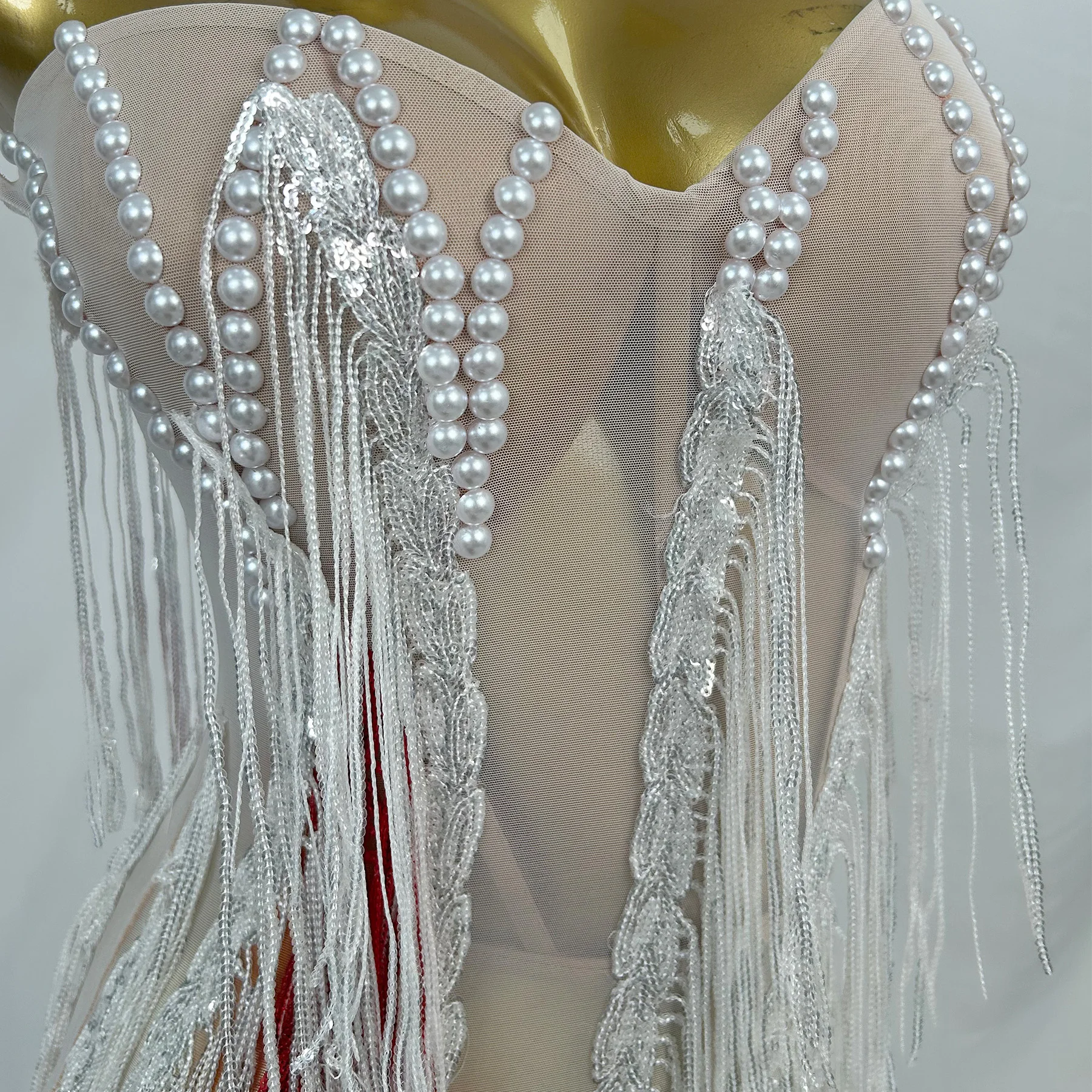 Xuemai Sparkly White Red Contrast Fringe Bodycon Dress Strapless Sweetheart Mesh High Slit Dance Competition Gown