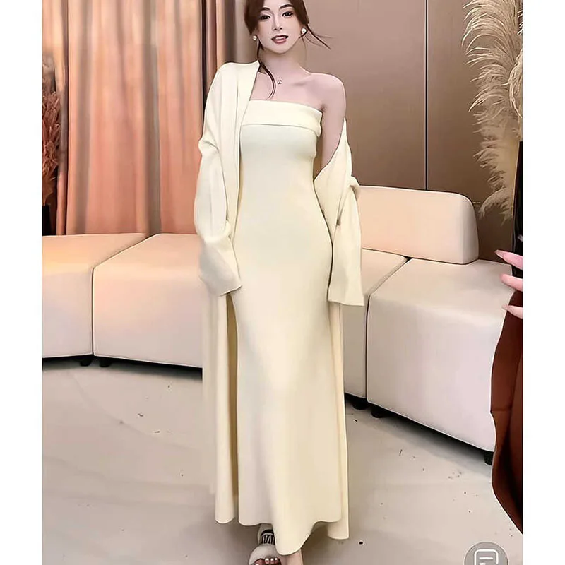 South Korea Knitted Two-piece Women\'s Mid-length Vintage Cardigan Sweater Coat Elegant Strapless dress Autumn Winter Suit 2025