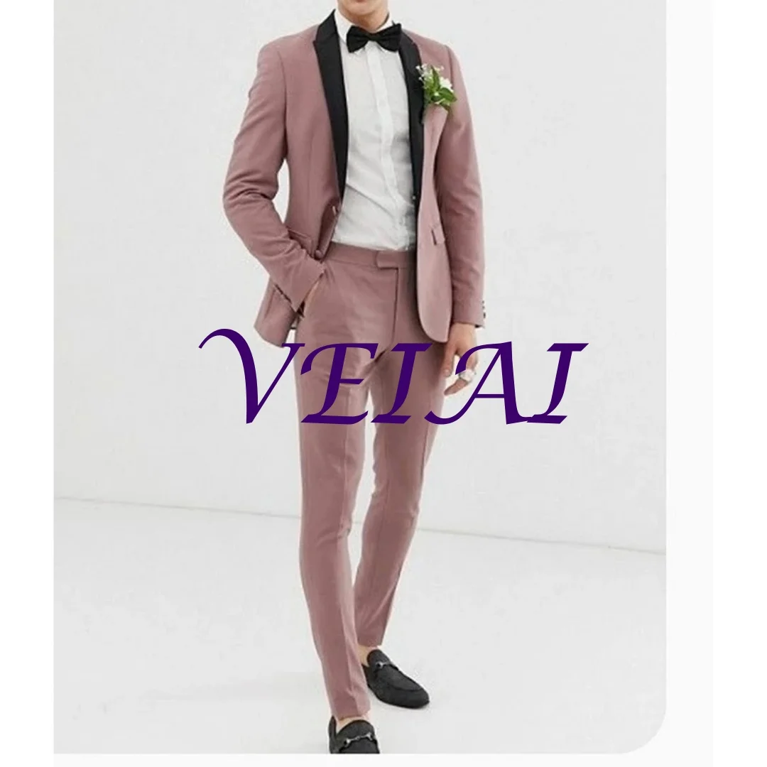 

CustomizedDusty Pink Black Shawl Lapel Men Suits Prom Terno Masculino Groom Costume Homme Blazer Wedding 2 Pieces