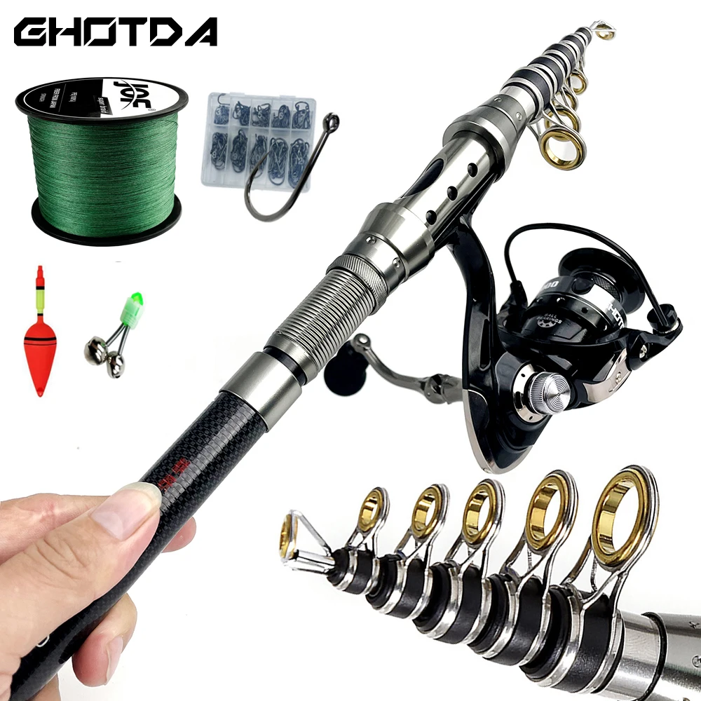 Powerful Spinning Fishing Rod and Reel Combo 1.5-2.4m Telescopic Carp Fishing Pole Spinning Reel With Fishing Line Hook Bell Kit