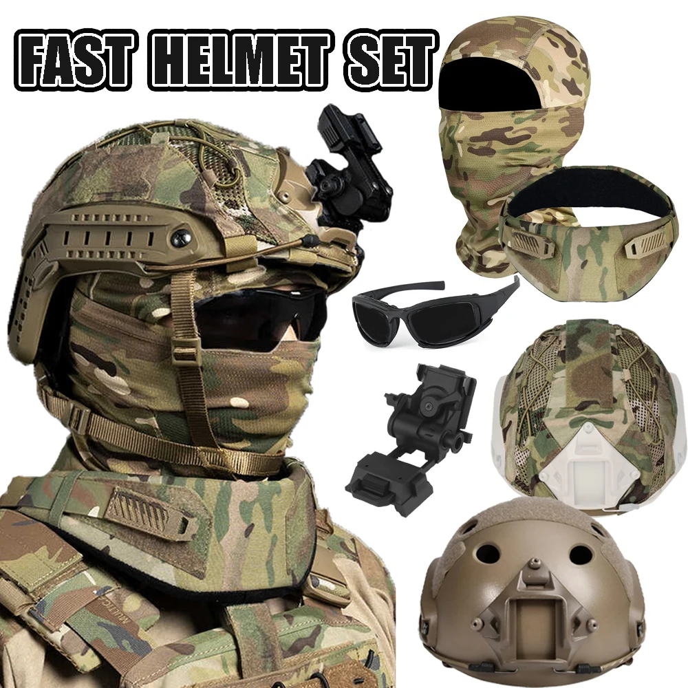 

Tactical FAST Helmet Set with Camouflage Helmet Cover Airsoft Neck Protector L4G24 NVG Base Mount Balaclava Mask Goggles Gear