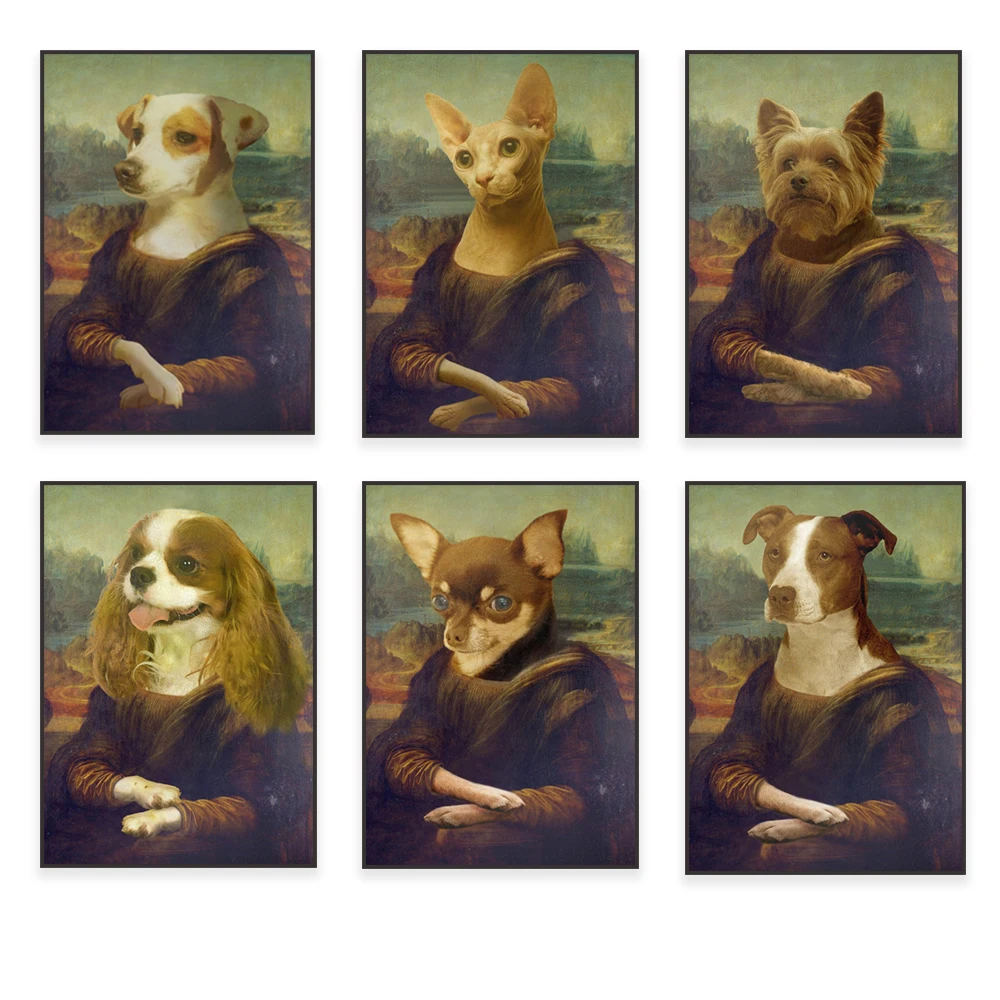 Mona Lisa Sphynx cat, chimpanzee, pug, panda, french bulldog, yorkshire terrier, chihuahua, doberman pinscher animal print poste