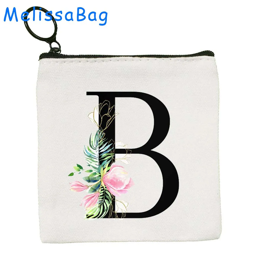 Bolsa floral de lona do monograma, Saco chave, Carteira, Bolsa com zíper, floral bonito, letra inicial A a Z, presente do alfabeto, flor bonita