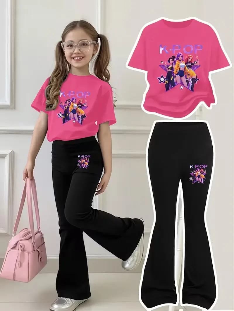 Zweiteiliges K-POP-Grafik-Outfit für Mädchen, kurzärmliges T-Shirt und Schlaghose, lässiges Streetwear-Set für Kinder