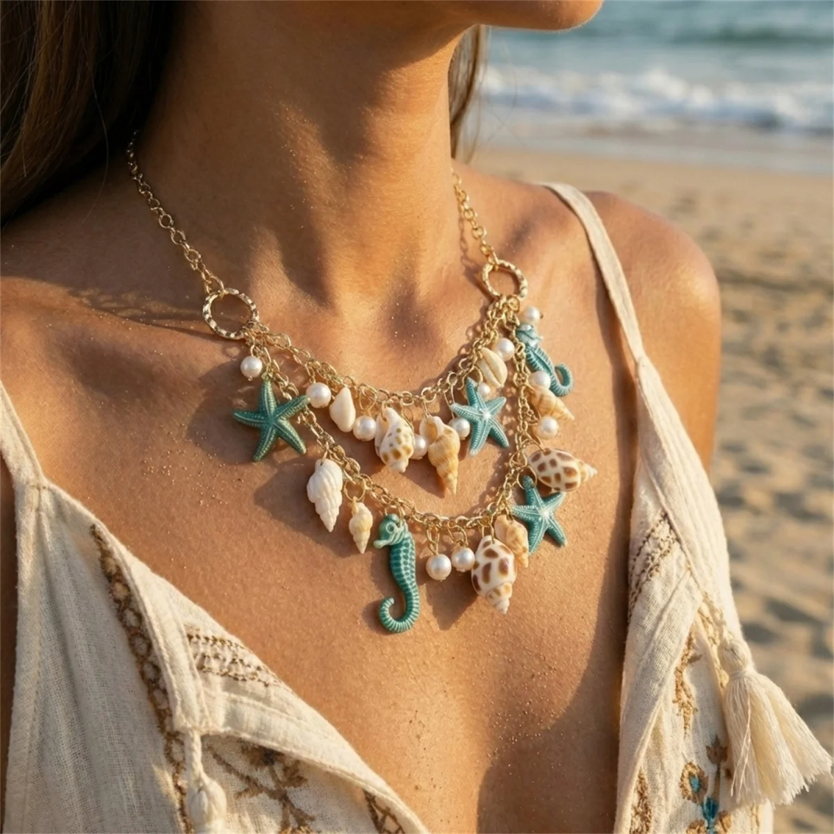 Sommerliche, extravagante, farbenfrohe Anhänger-Halskette mit Seestern, Muschel und Seepferdchen aus Kunstharz für Damen und Herren, Ozean- und Strandmotiv, Meerestier-Choker-Schmuck – Detail 15
