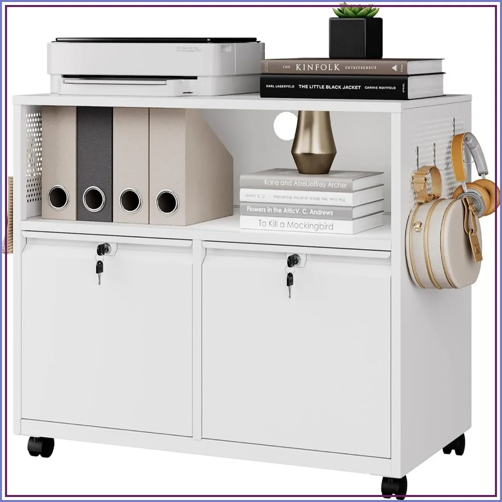 Mobile 2 Drawer File Cabinet with Lock, Metal Lateral Printer Stand with Shelves, White