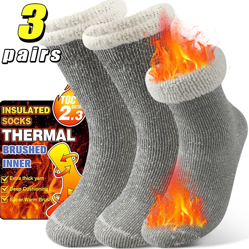 3 Pairs Winter Thicken Wool Mid Calf Socks for Women's Thermal Hiking Socks Soft Plush Terry Loop Sock Indoor Outdoor Daily Wear