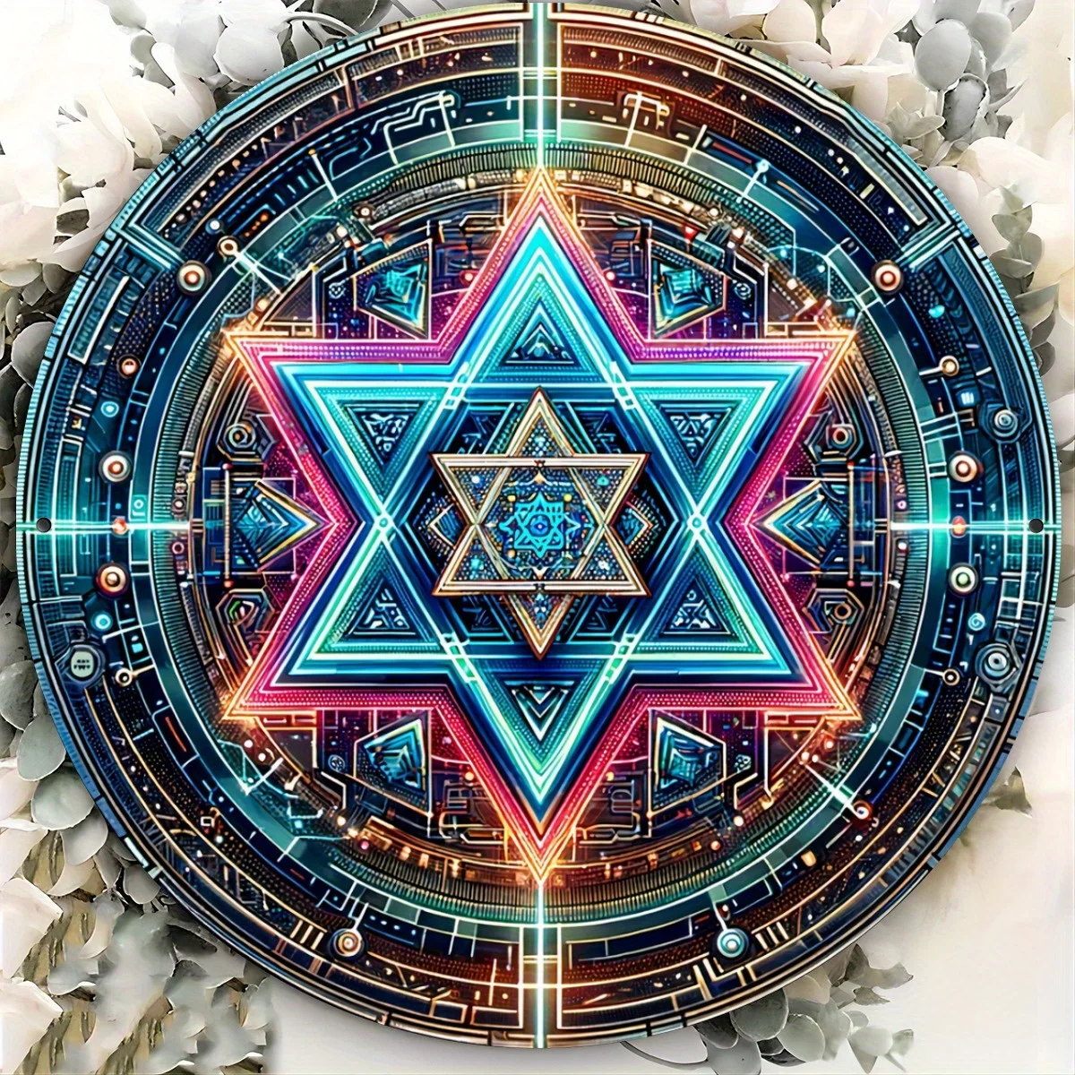 قطعة واحدة من لافتة ألومنيوم معلقة على شكل نجمة داود العتيقة - إكليل حديقة مستدير أنيق، 8 بوصة، فضي، أدوات حرفية وإمداد، حصيرة متينة #4