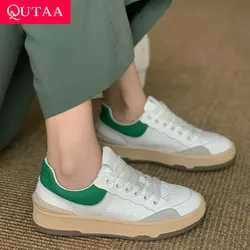 QUTAA 2022 Winter Autumn Round Toe Flat Heel Casual Female Shoes Mixed Color Genuine Leather Lace Up Women Sneakers Size 35-40