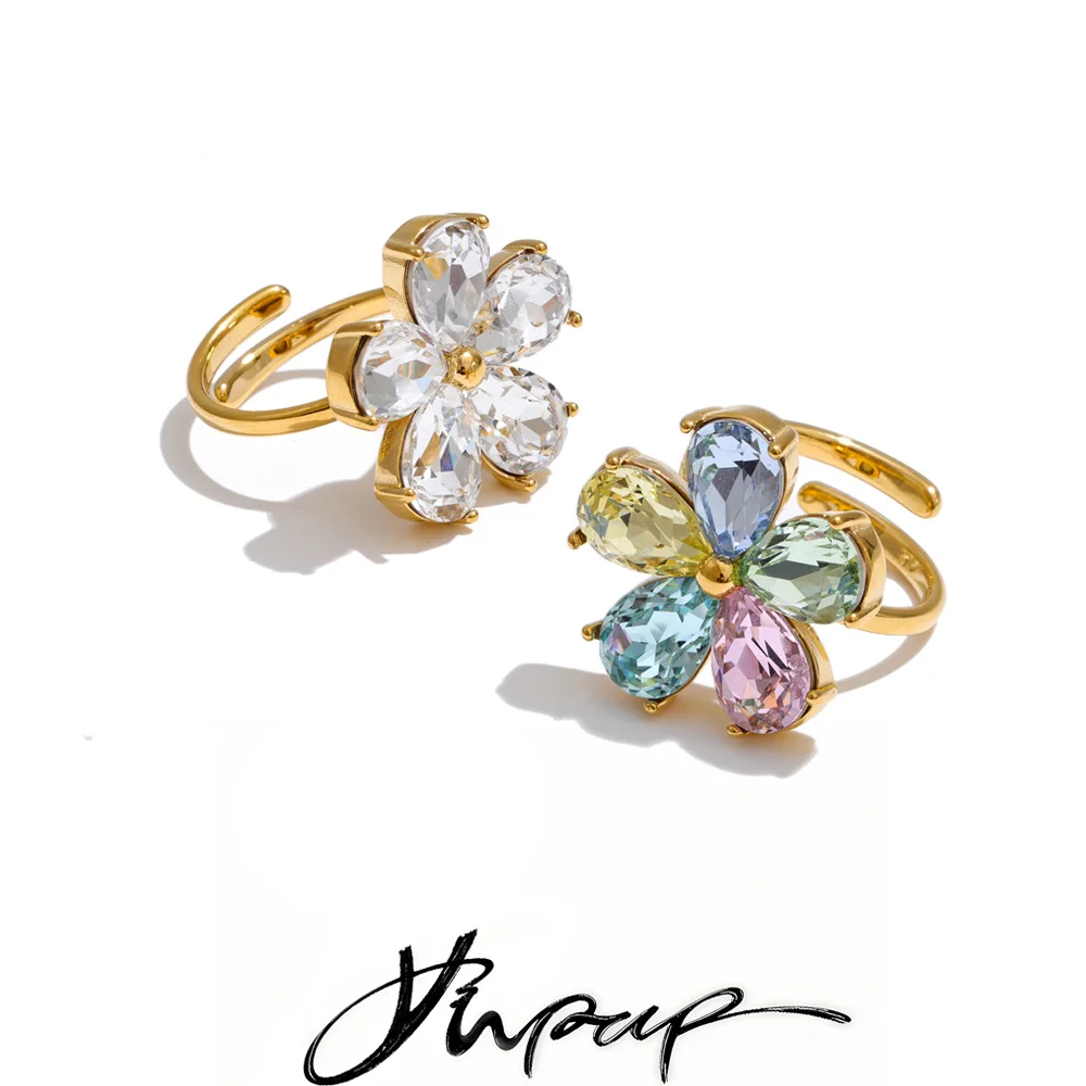 Anel Ajustável Yhpup com Zircônia Cúbica Colorida e Brilhante em Formato de Flor, Joia de Dedo Premium em Aço Inoxidável Banhado a Ouro 18K
