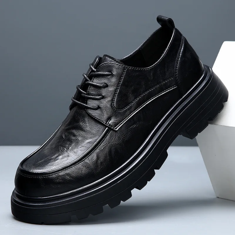 Spring New Lace Up Thick Sole Heightening Shoes Men Derby Shoes Comfortable Thick Soled Business Dress Big Head Leather Shoes