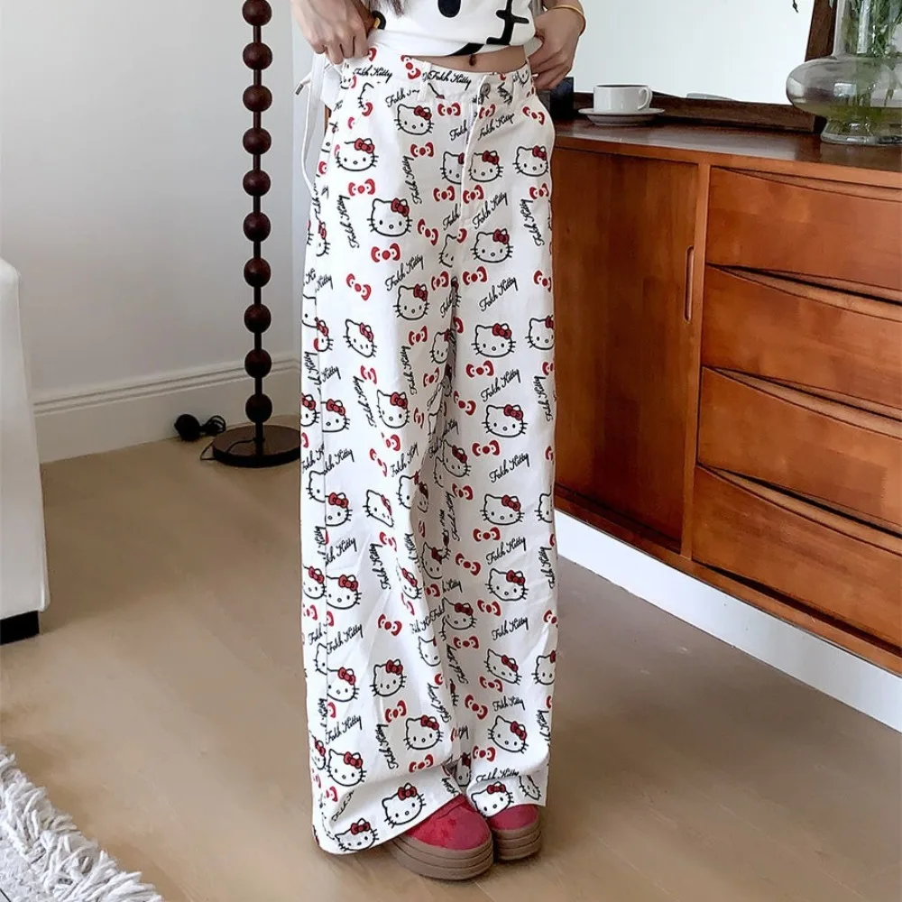 

Hello Kitty Jeans Cute Cartoon Originality Printing Pattern Jeans Summer New Loose Thin Versatile Straight-leg Wide Leg Pants
