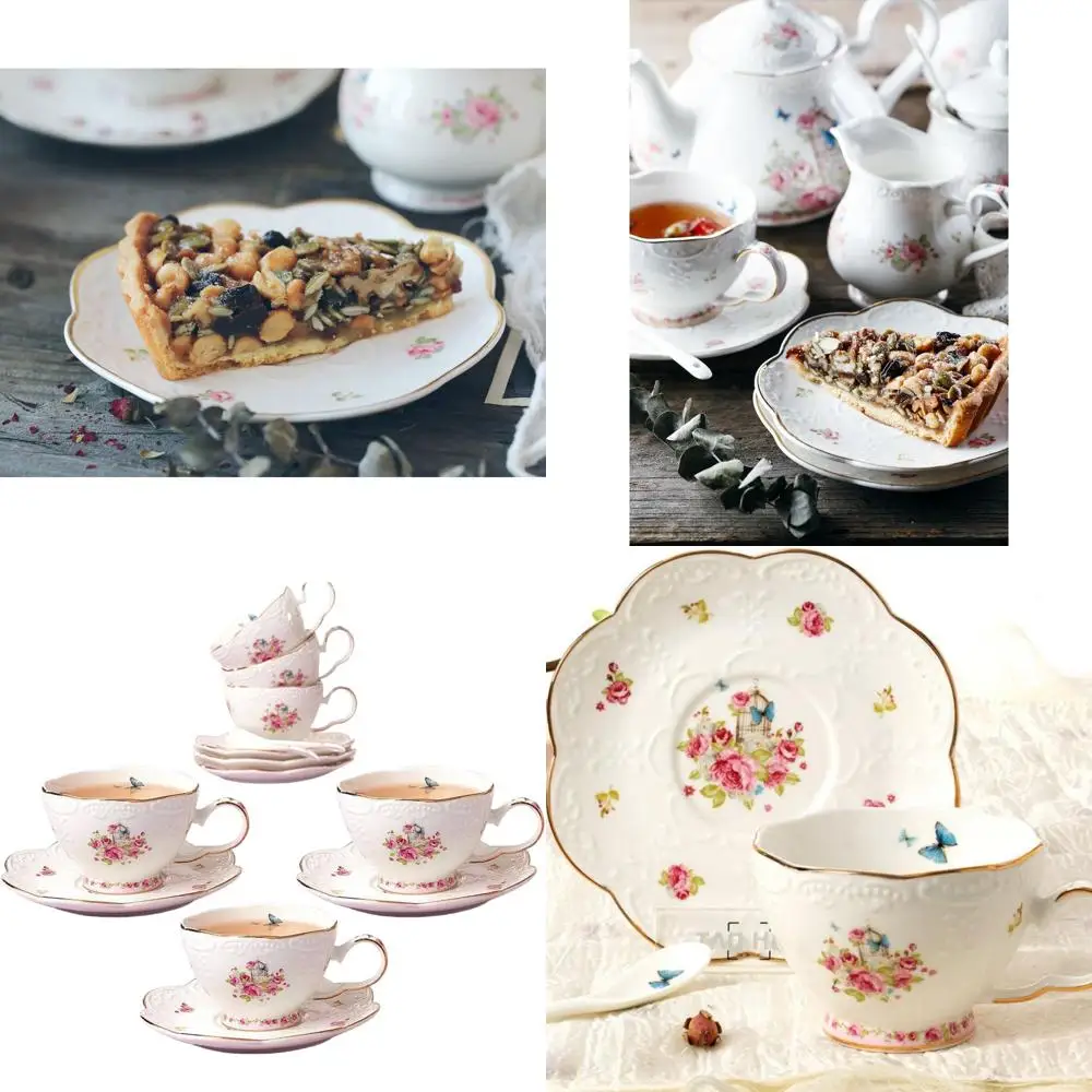 

Flower Series Porcelain Tea Set, 7 Oz Cups & Saucers, 6-Piece Coffee Cup Set with Spoons
