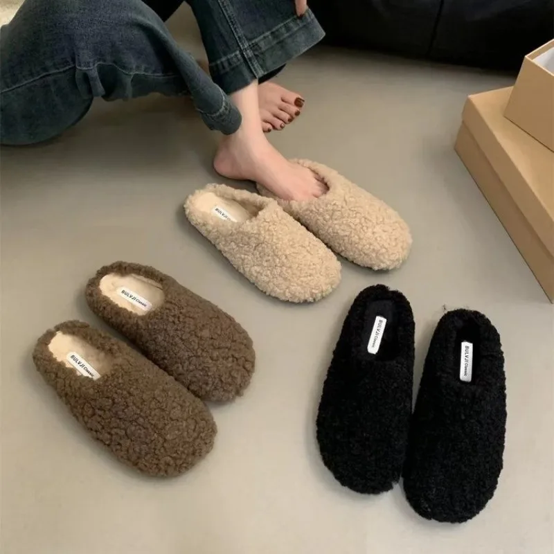 New Style Brand Real Leather Fur Women Horsehair Half Slippers Luxury Designer Brand Mule Luxury Flats Thick Sole Leisure Shoes