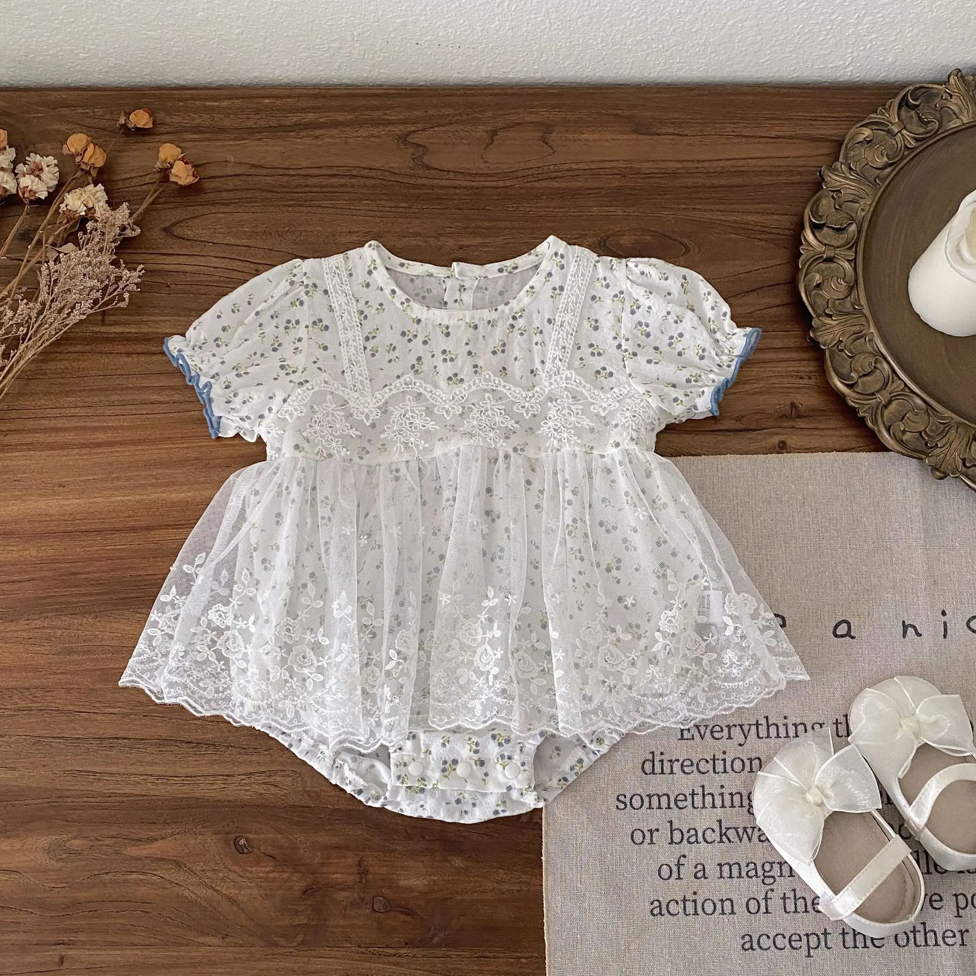 INS Summer Thin Baby Bag Fart Clothes for Baby Girls, Short Sleeved Lace Floral Ha Clothes, Newborn One Year Old Princess Dress