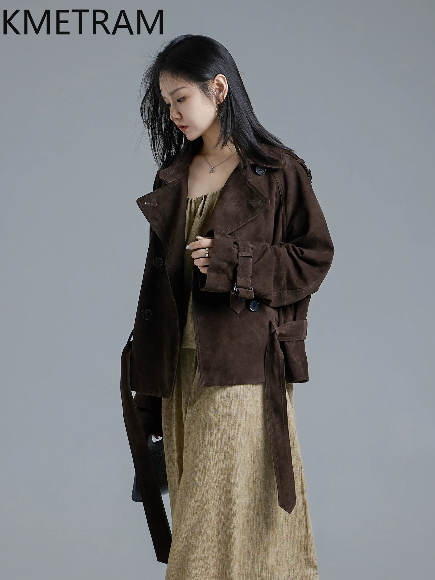 KMETRAM Natural Sheepskin Reverse Suede Trenchcoat Short Fashion Women's Genuine Leather Jacket 2025 Autumn Coats vestes femmes