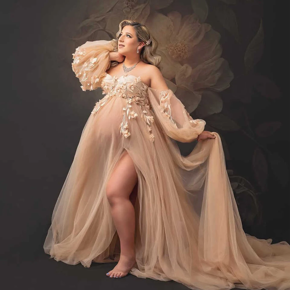 

Customized Luxury Maternity Dresses Photography Pregnant Gowns for Photoshoot Floral Tulle Women Robe Off Shoulder A Line Dress