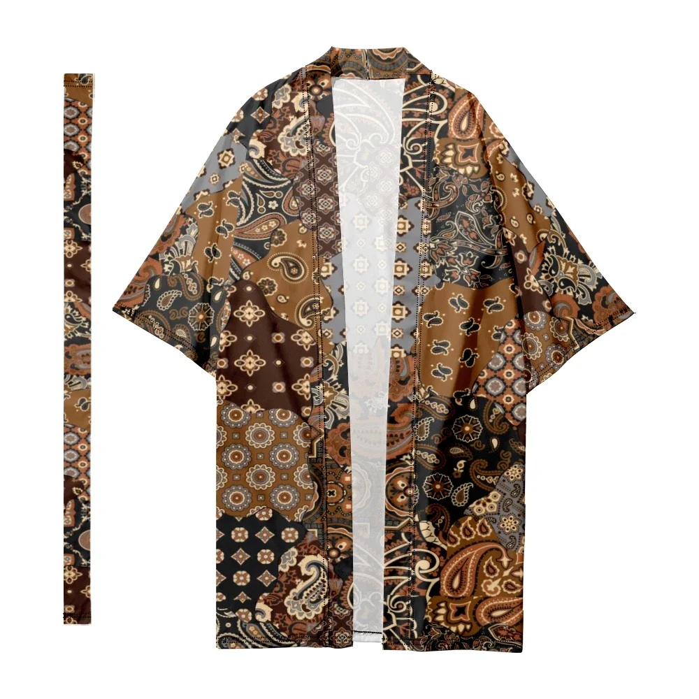 Men Japanese Long Kimono Traditional Stripe Panels Kimono Cardigan Women Fashion Samurai Bathrobes Kimono Yukata Jacket Cloak