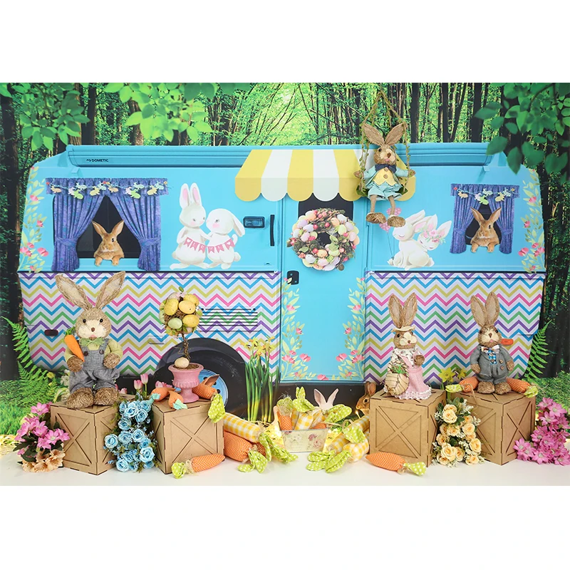 บ้านต้นไม้ในป่าอีสเตอร์ตุ๊กตารถบัสกระต่ายฉากหลังถ่ายภาพพื้นหลังสำหรับไปปิกนิกดอกไม้พื้นหลังสำหรับถ่ายภาพบุคคลในสตูดิโอถ่ายภาพ