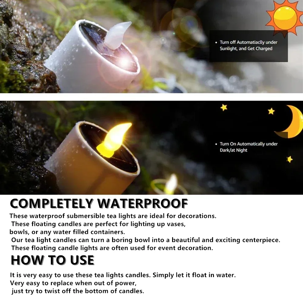Velas solares de luz, 6 uds., vela, luz de té, velas parpadeantes sin llama, luz nocturna LED Solar electrónica, lámpara de vela Solar para jardín