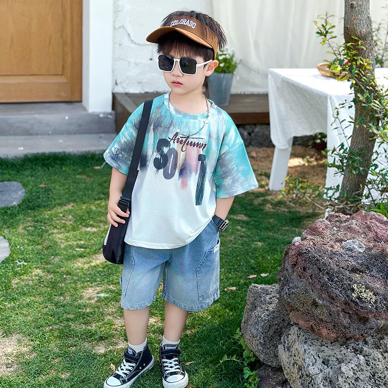 Fashion Children Suit Summer Boys Printing T-shirt + Denim Shorts for Boys Clothing Sets Kids Outdoor Outfit 2-11Years