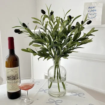홈 데코레이션용 인공 올리브 잎, 과일 올리브 나뭇 가지, 사진 소품, 녹색 식물, 4 포크 
