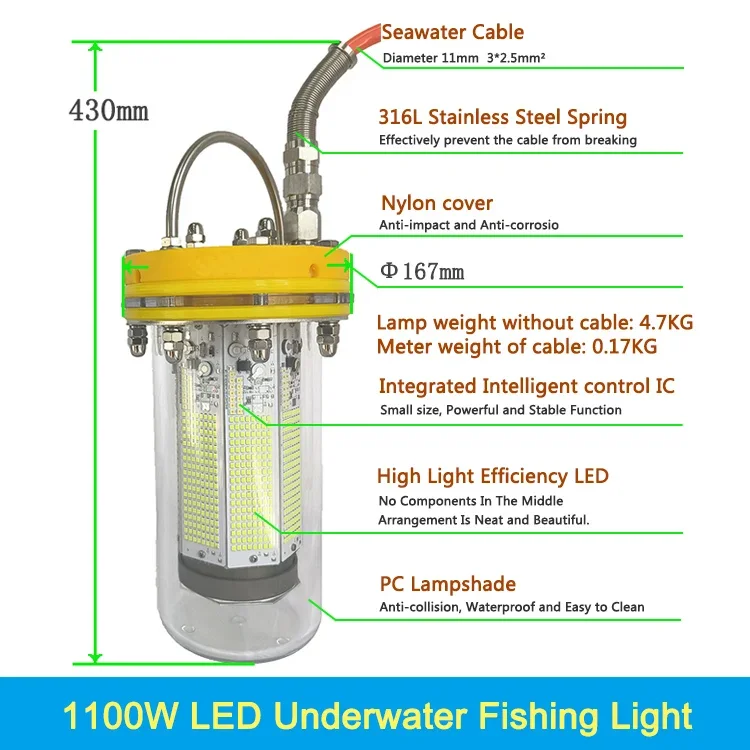 LED Underwater Fishing Lights  1100W   Fish Attracting Light  IP68 Deep water Squid Lamp Dimmable  LED Salmon Farming Lamp