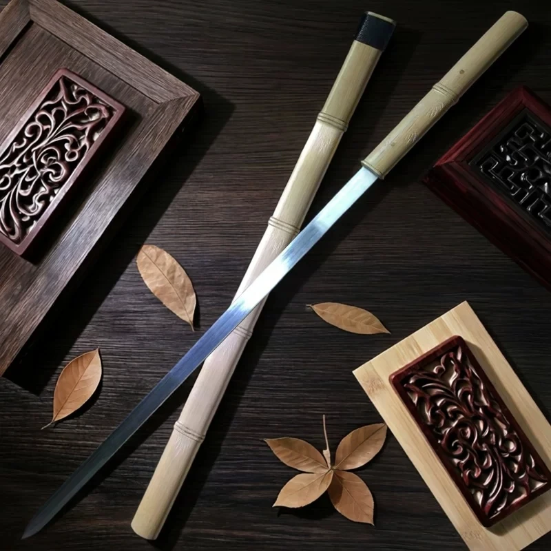 Chinese swords full size real steel natural wooden sword sheath imitating bamboo double edges handmade decor craft Wushu art