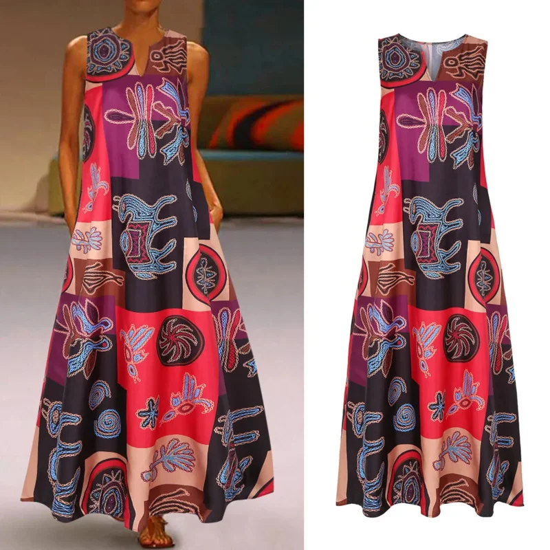 1 pcs/lot Women summer dress plus size print casual sleeveless vintage bohemian O-neck maxi long dress (good)
