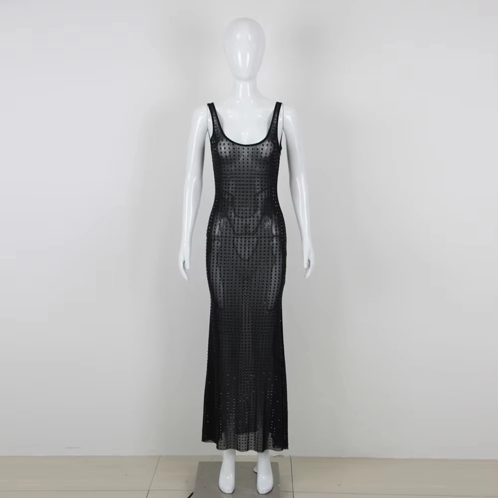 Novo feminino preto sexy sem mangas luxo strass decoração malha transparente longo festa de noite vestidos de baile