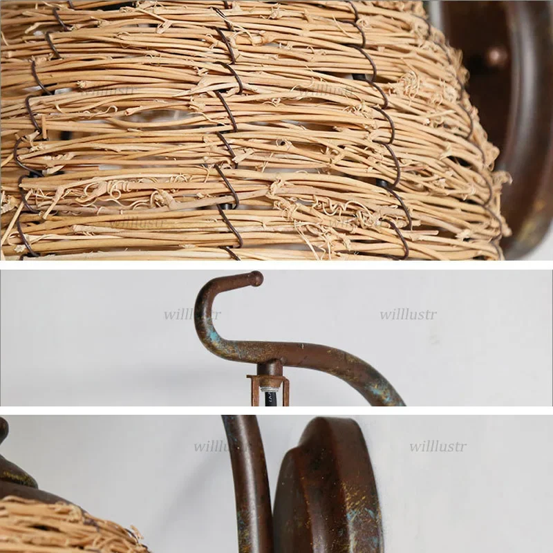 Retro Rattan Wall Lamp American Country Style Sconce Hotel Inn Bar Cafe Living Room Loft Balcony Art Deco Handmade Wicker Light