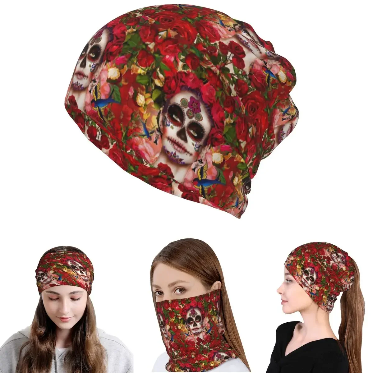 

Mexican Catrina Girl Day Of The Dead Sugar Skull Bandana Neck Cover Wrap Scarf Warm Headband Beanies Hat Unisex Adult All Season