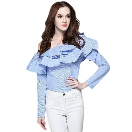 Sexy oulder Bared Long Sve Stripe irt with Ruffle Design Commute Sle Women's Cross over Faion 2025 New Arrival