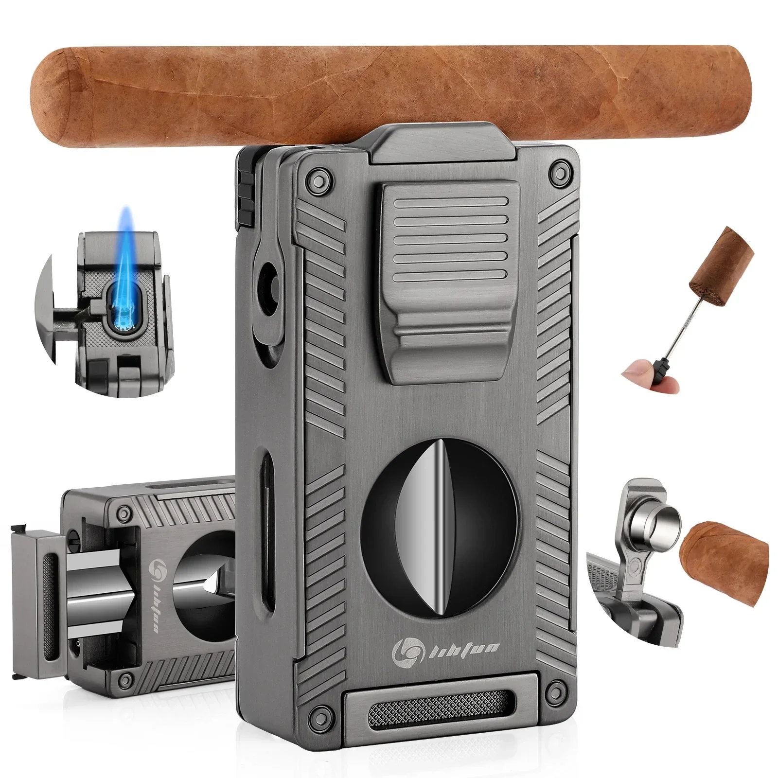 Luxury Double Fire Direct Charge V-shaped Metal Turbine Cigar Lighter Portable Cigar Tool Drilling Lighter Men's Gift