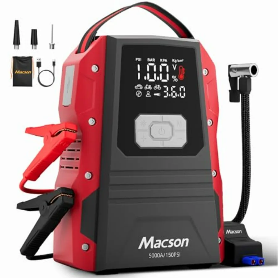 

Портативное пусковое устройство 5000А с воздушным компрессором - 12В аккумуляторный блок для запуска двигателей 9.0L (бензин) / 8.0L (дизель) - Автомобильный пусковой стартер