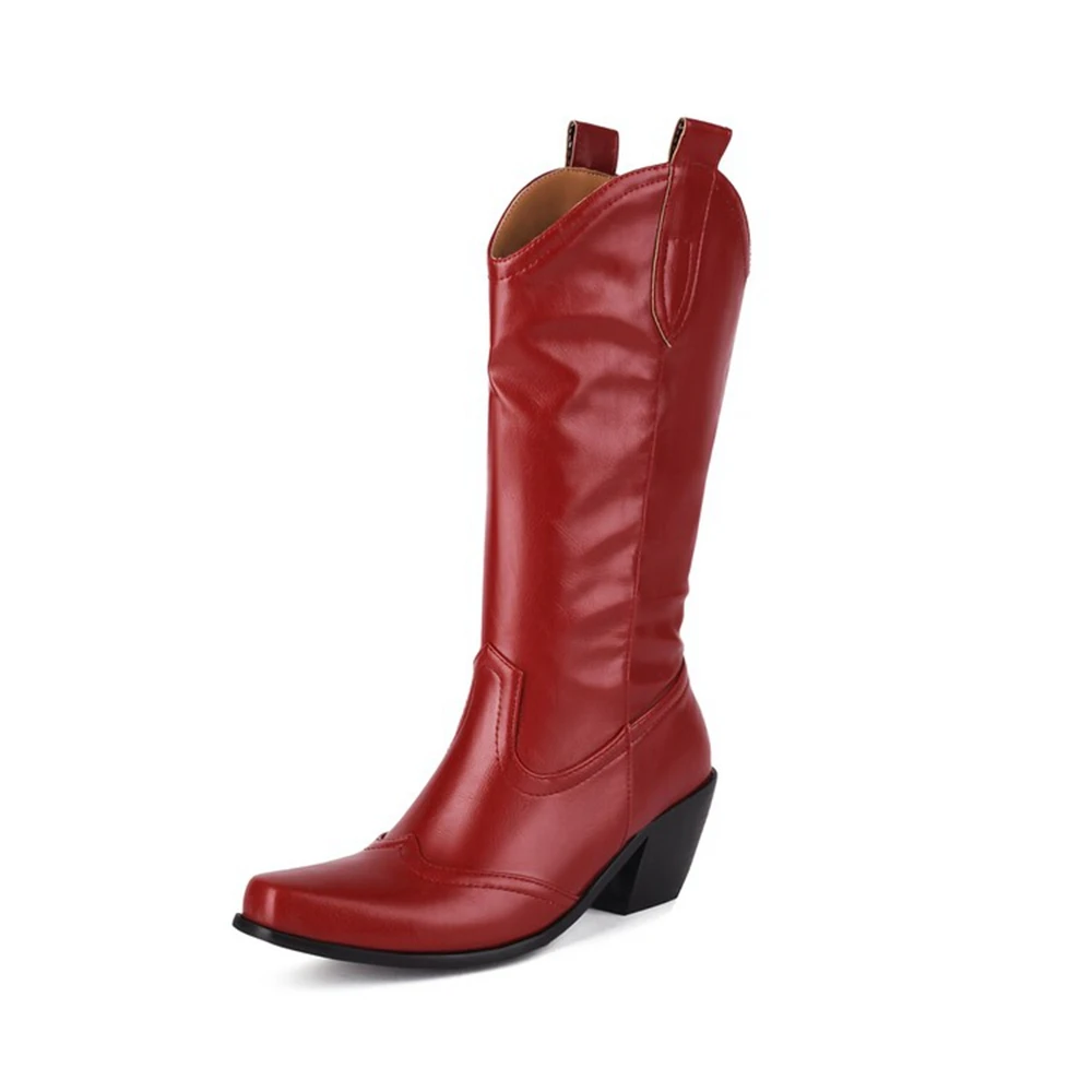 

Knee High Boots Women Retro Square Toe Thick Heels Western Cowboy Black Brown Long Boots Big Size 45 46 47 48 777-9